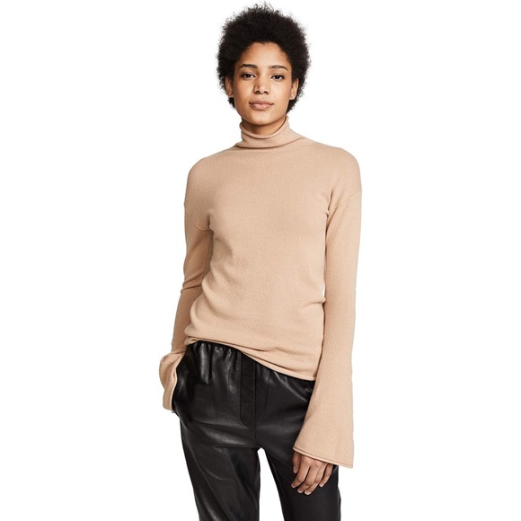 theory cashmere bell sleeve mock neck sweater in camel, size small - Picture 11 of 11